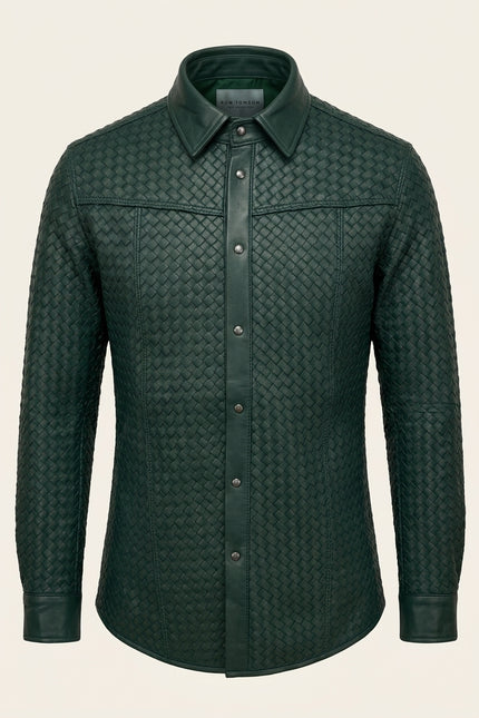Men's Woven Leather Shirt - Green - Front