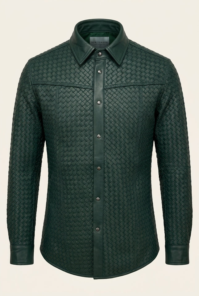 Men's Woven Leather Shirt - Green - Front