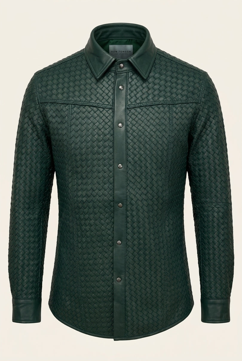 Men's Woven Leather Shirt - Green - Front