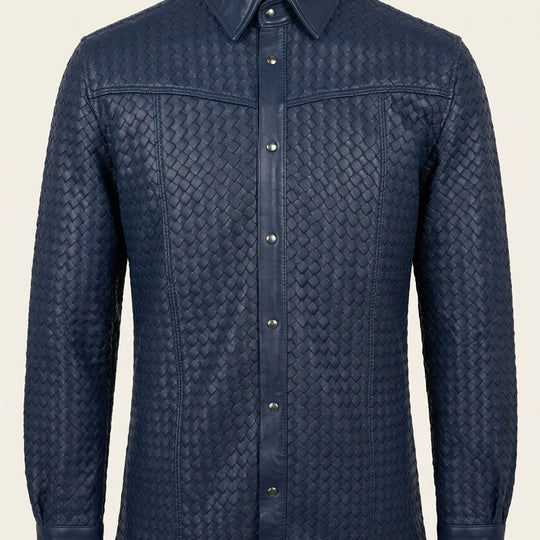 Men's Woven Leather Shirt - Navy - Front