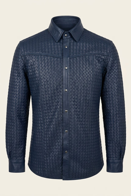 Men's Woven Leather Shirt - Navy - Front