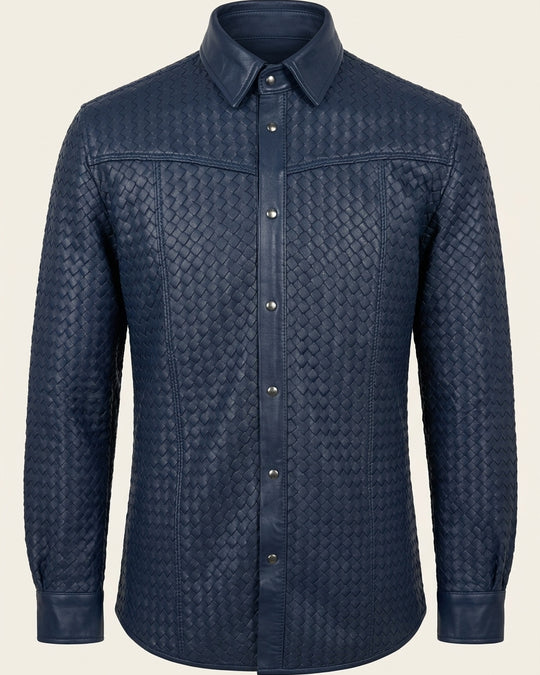 Men's Woven Leather Shirt - Navy - Front