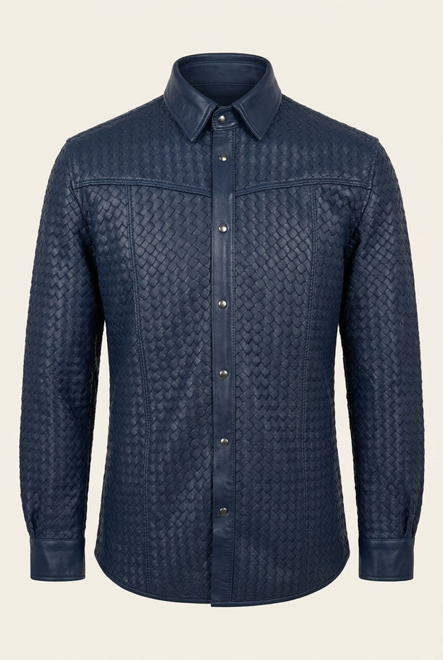 Men's Woven Leather Shirt - Navy - Front