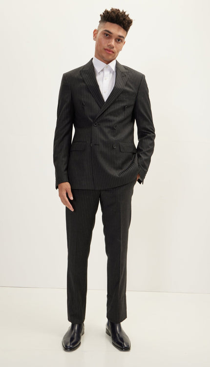 Merino Wool Double Breasted Suit - Black Stripe - Ron Tomson