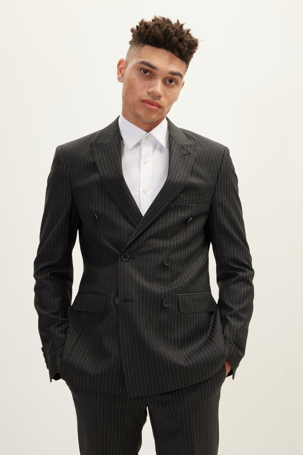 Merino Wool Double Breasted Suit - Black Stripe - Ron Tomson