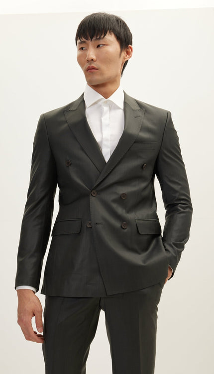 Merino Wool Double Breasted Suit - Charcoal - Ron Tomson