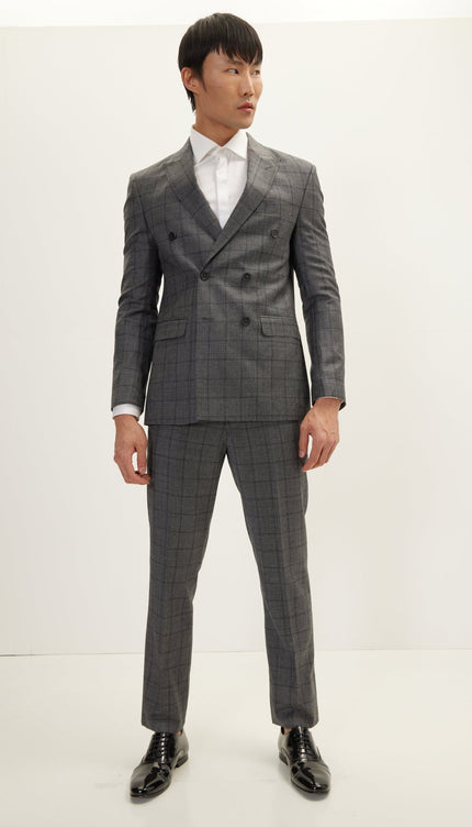 Merino Wool Double Breasted Suit - Charcoal Plaid - Ron Tomson