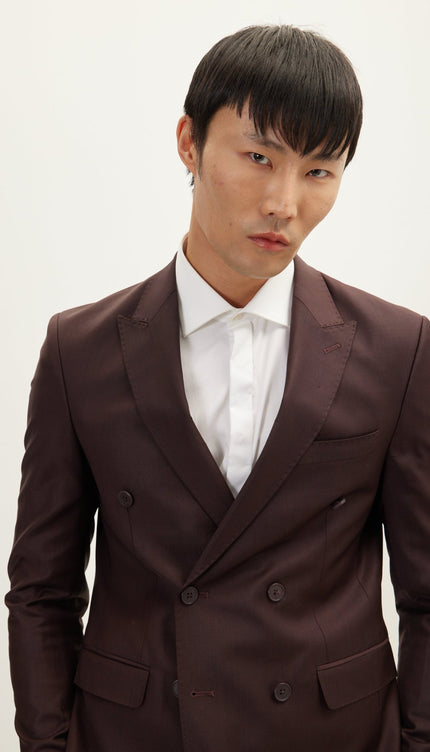 Merino Wool Double Breasted Suit - Currant Maroon - Ron Tomson