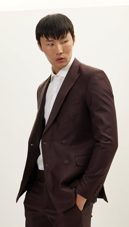 Merino Wool Double Breasted Suit - Currant Maroon - Ron Tomson