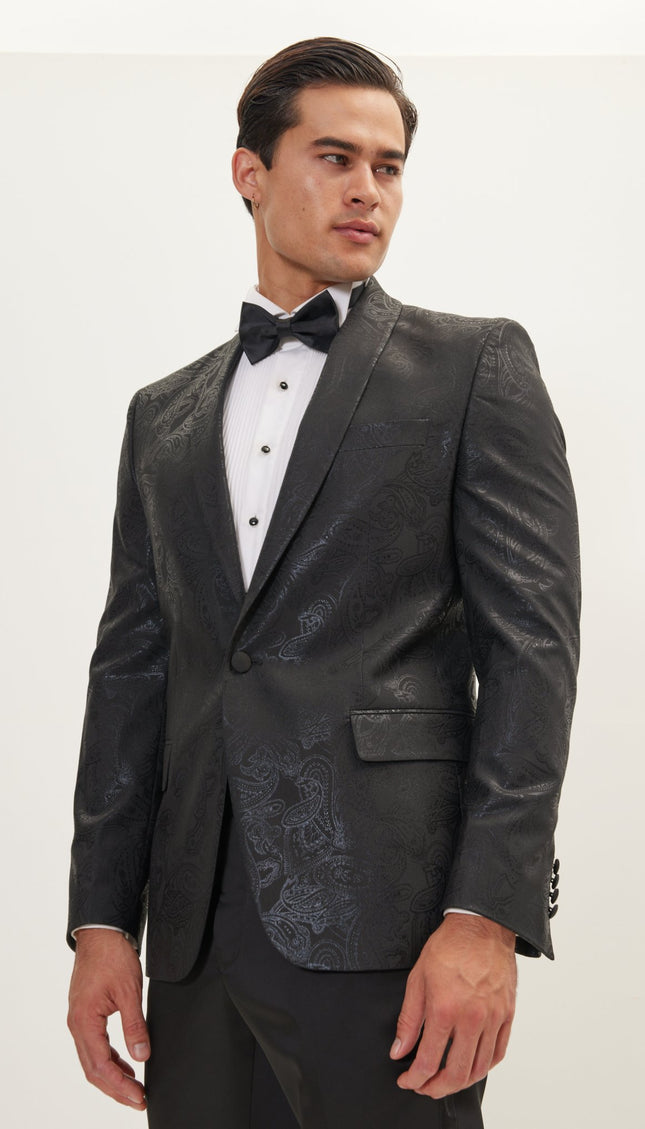 Metalic Paisley Shawl Tuxedo Jacket - Black - Ron Tomson