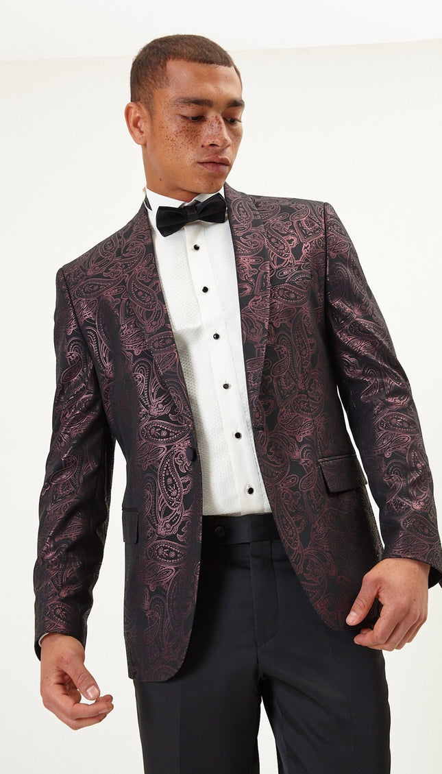 Metalic Paisley Shawl Tuxedo Jacket - Burgundy - Ron Tomson
