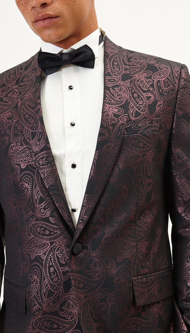 Metalic Paisley Shawl Tuxedo Jacket - Burgundy - Ron Tomson