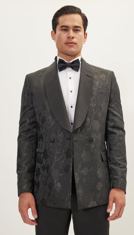 Metallic Floral Double Breasted Tuxedo Jacket - Black - Ron Tomson