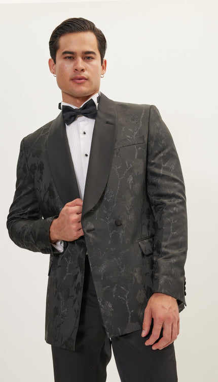 Metallic Floral Double Breasted Tuxedo Jacket - Black - Ron Tomson