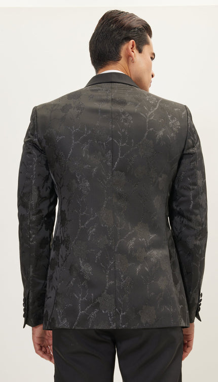 Metallic Floral Double Breasted Tuxedo Jacket - Black - Ron Tomson