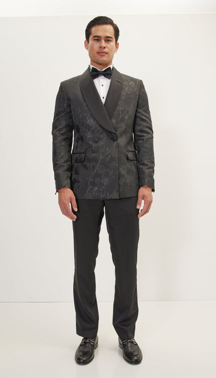 Metallic Floral Double Breasted Tuxedo Jacket - Black - Ron Tomson