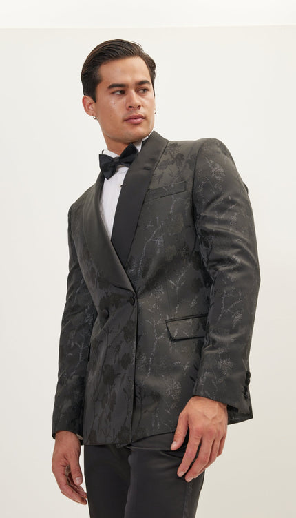 Metallic Floral Double Breasted Tuxedo Jacket - Black - Ron Tomson