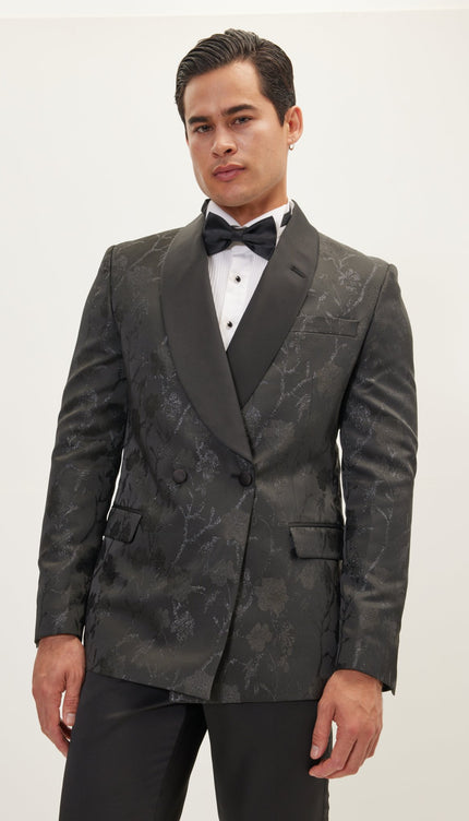 Metallic Floral Double Breasted Tuxedo Jacket - Black - Ron Tomson