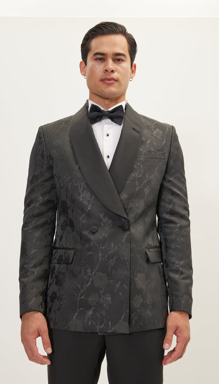 Metallic Floral Double Breasted Tuxedo Jacket - Black - Ron Tomson