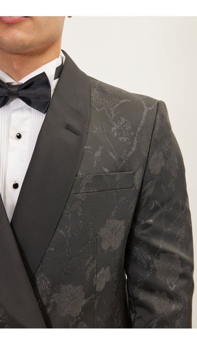 Metallic Floral Double Breasted Tuxedo Jacket - Black - Ron Tomson