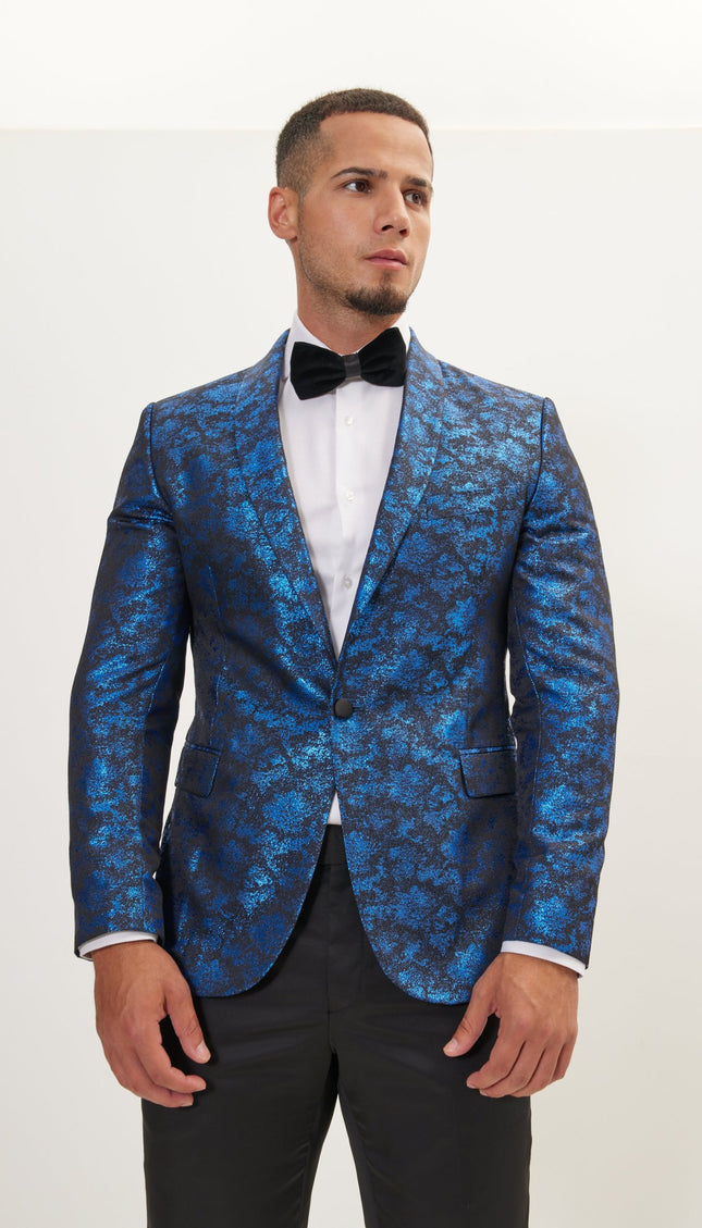Metallic Foil Shimmer Tuxedo Jacket - Cobalt Blue - Ron Tomson