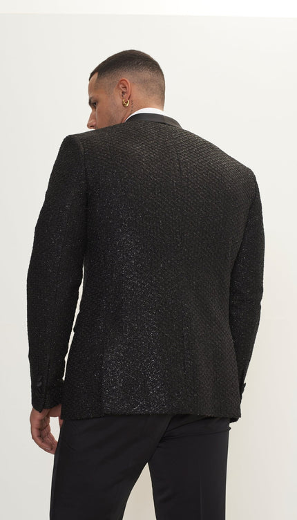 Metallic Honeycomb Weave Shawl Lapel Tuxedo Jacket - Silver Black - Ron Tomson