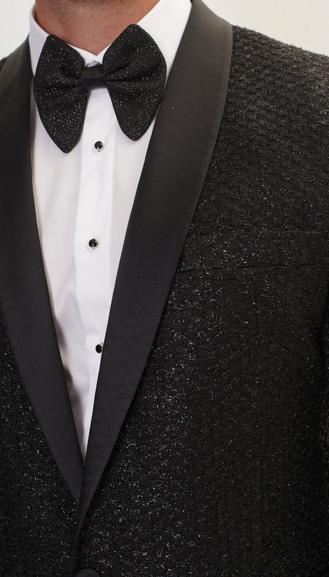Metallic Honeycomb Weave Shawl Lapel Tuxedo Jacket - Silver Black - Ron Tomson