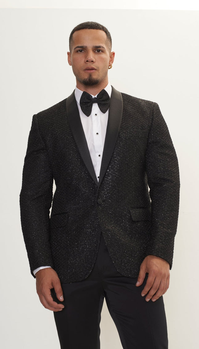 Metallic Honeycomb Weave Shawl Lapel Tuxedo Jacket - Silver Black - Ron Tomson