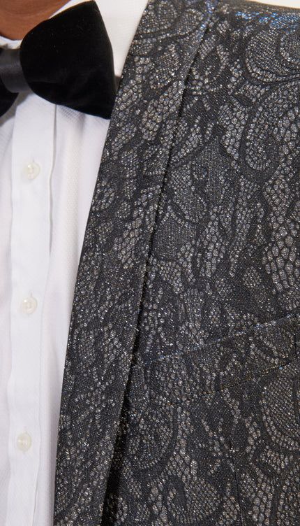 Metallic Lace Paisley Shawl Lapel Tuxedo Jacket - Cobalt Black - Ron Tomson