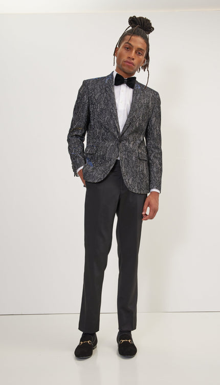 Metallic Lace Paisley Shawl Lapel Tuxedo Jacket - Cobalt Black - Ron Tomson