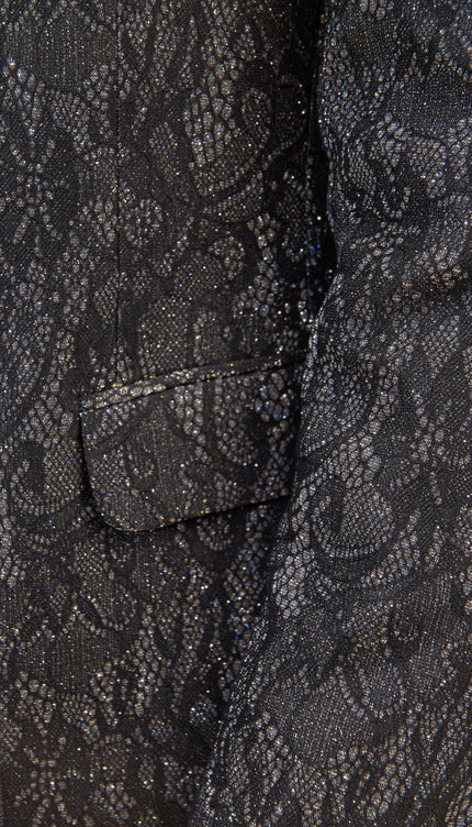 Metallic Lace Paisley Shawl Lapel Tuxedo Jacket - Cobalt Black - Ron Tomson