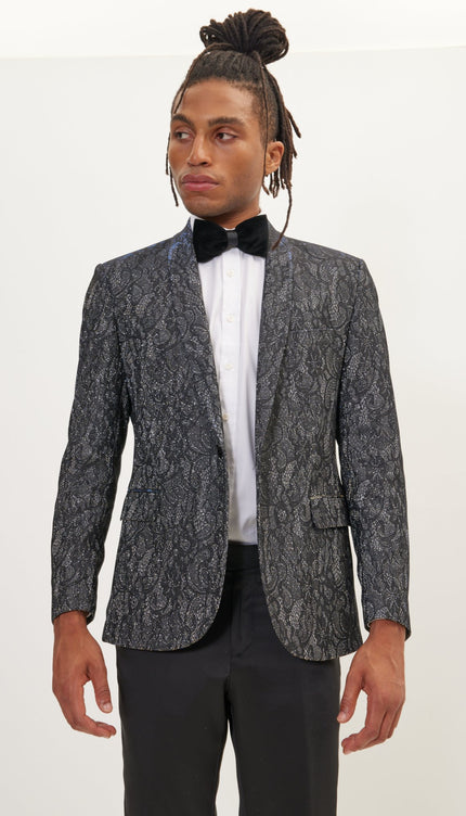 Metallic Lace Paisley Shawl Lapel Tuxedo Jacket - Cobalt Black - Ron Tomson