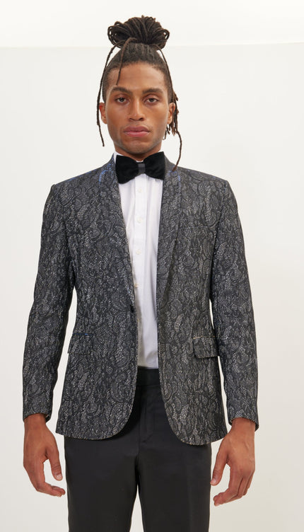 Metallic Lace Paisley Shawl Lapel Tuxedo Jacket - Cobalt Black - Ron Tomson