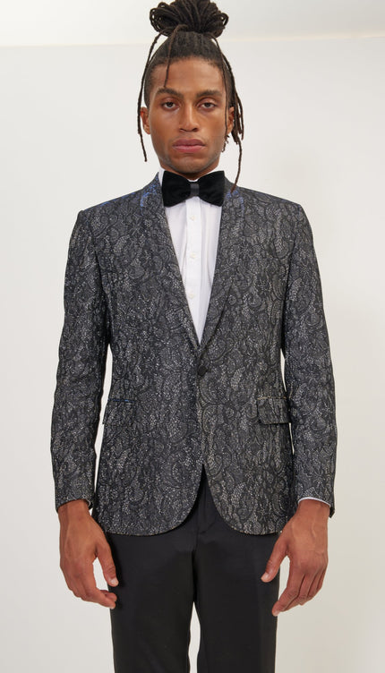 Metallic Lace Paisley Shawl Lapel Tuxedo Jacket - Cobalt Black - Ron Tomson