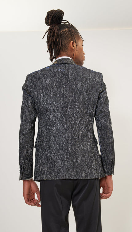 Metallic Lace Paisley Shawl Lapel Tuxedo Jacket - Cobalt Black - Ron Tomson