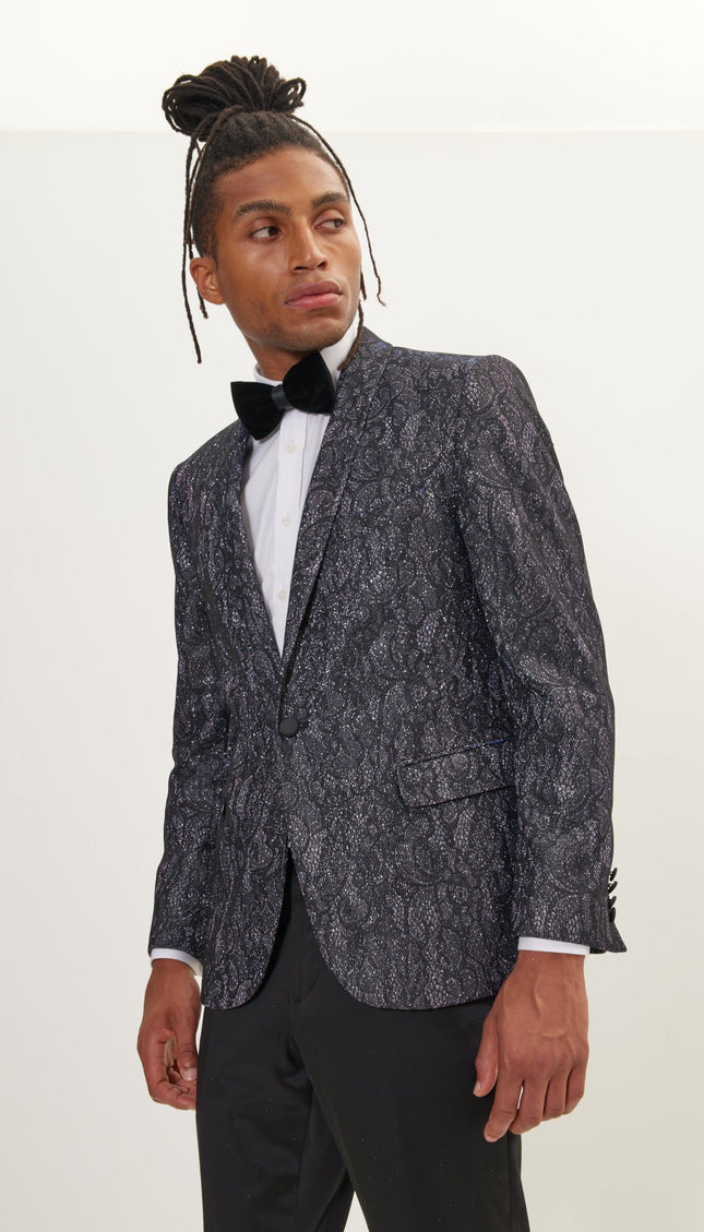 Metallic Lace Paisley Shawl Lapel Tuxedo Jacket - Pink Shine - Ron Tomson