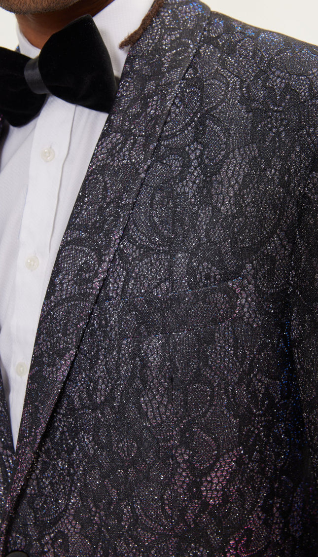 Metallic Lace Paisley Shawl Lapel Tuxedo Jacket - Pink Shine - Ron Tomson