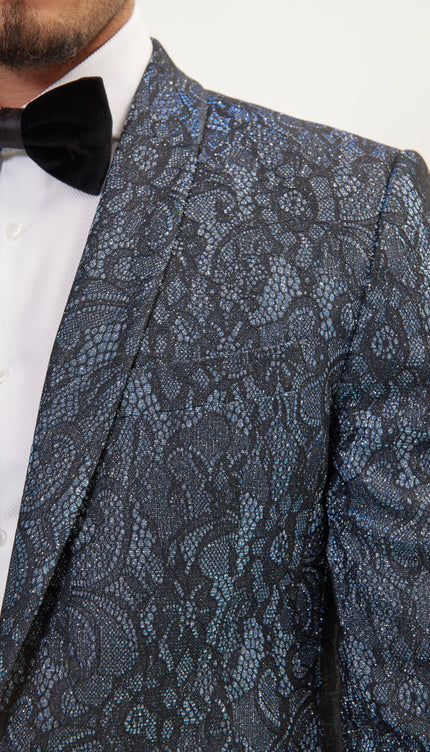 Metallic Lace Paisley Shawl Lapel Tuxedo Jacket - Turquoise Black - Ron Tomson
