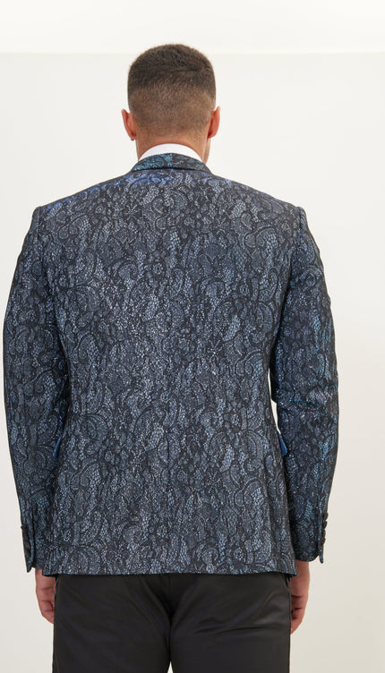 Metallic Lace Paisley Shawl Lapel Tuxedo Jacket - Turquoise Black - Ron Tomson