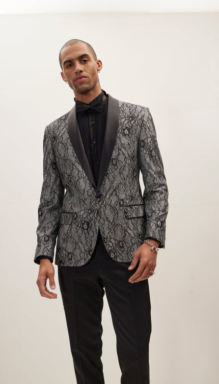 Metallic Lace Shawl Lapel Tuxedo Jacket - Black - Ron Tomson