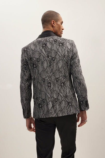 Metallic Lace Shawl Lapel Tuxedo Jacket - Black - Ron Tomson