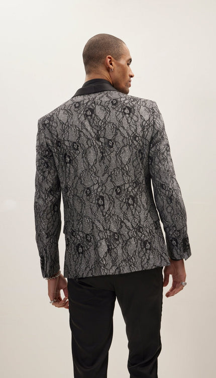 Metallic Lace Shawl Lapel Tuxedo Jacket - Black - Ron Tomson