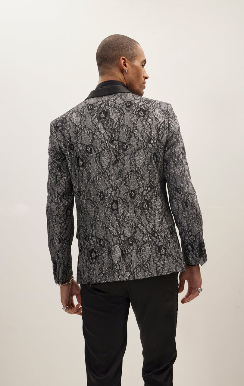 Metallic Lace Shawl Lapel Tuxedo Jacket - Black - Ron Tomson