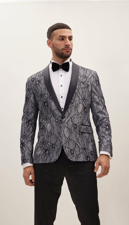 Metallic Lace Shawl Lapel Tuxedo Jacket - Navy - Ron Tomson