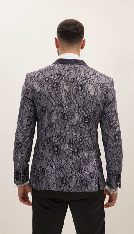 Metallic Lace Shawl Lapel Tuxedo Jacket - Navy - Ron Tomson