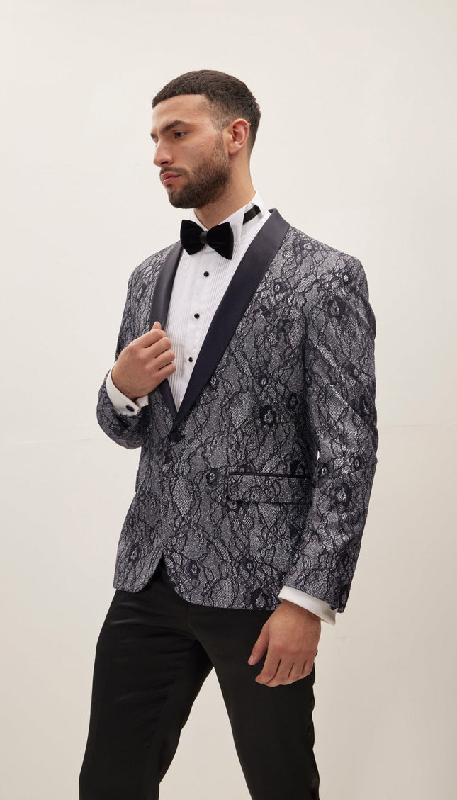 Metallic Lace Shawl Lapel Tuxedo Jacket - Navy - Ron Tomson