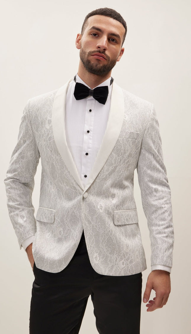 Metallic Lace Shawl Lapel Tuxedo Jacket - Silver White - Ron Tomson