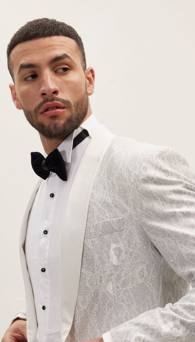 Metallic Lace Shawl Lapel Tuxedo Jacket - Silver White - Ron Tomson