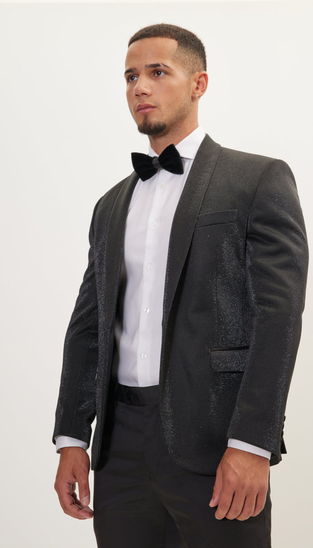 Metallic Sparkle Shawl Lapel Tuxedo Jacket - Black - Ron Tomson