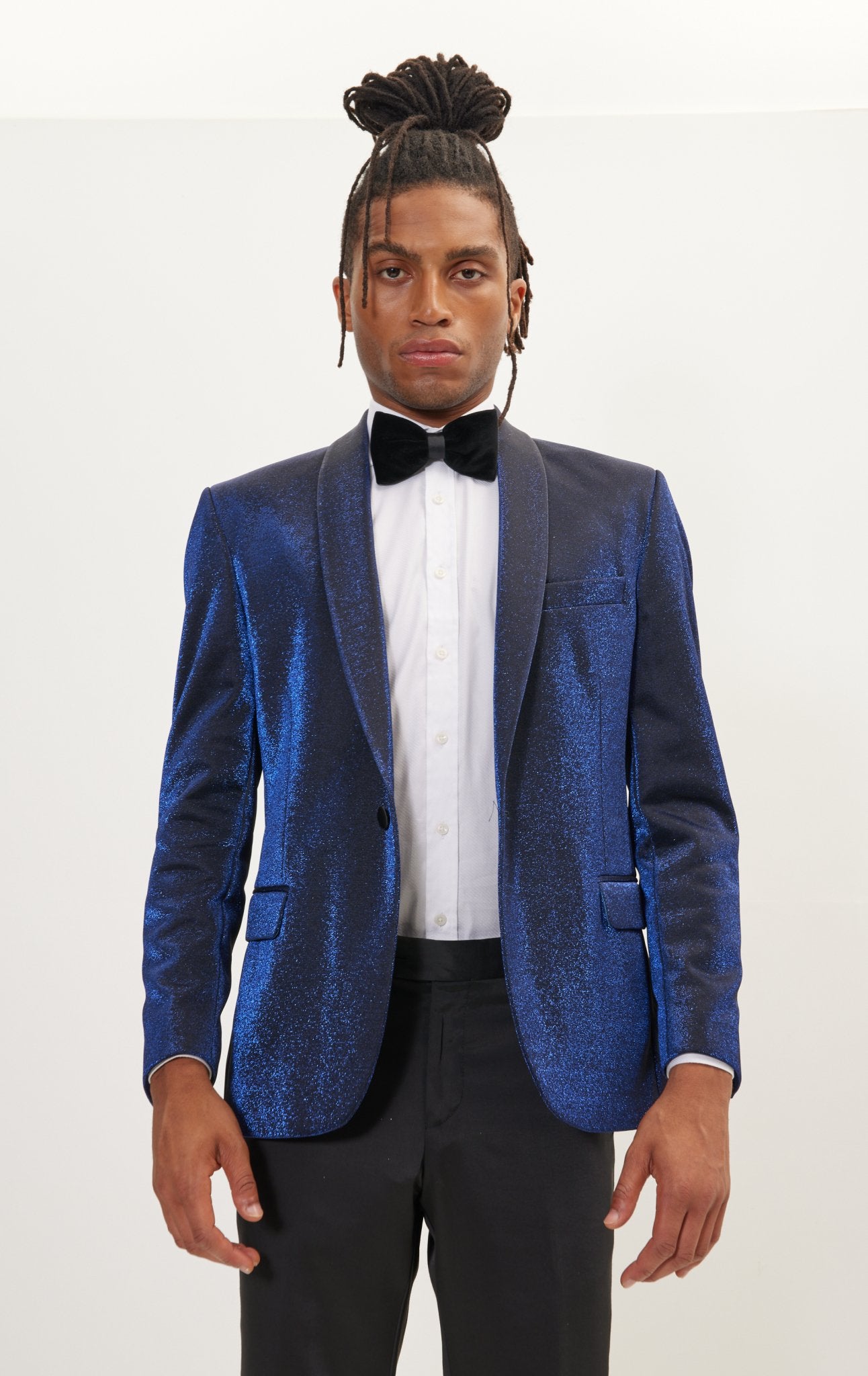 Metallic Sparkle Shawl Lapel Tuxedo Jacket Electric Blue Ron